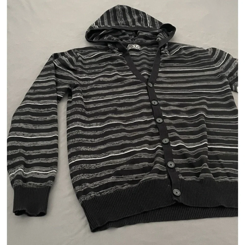 XG‎ Premium Quality V-Neck Button Up Hooded Black Mens Sweater Size Medium
